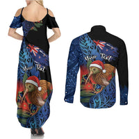 Personalised New Zealand Christmas Couples Matching Summer Maxi Dress and Long Sleeve Button Shirt Santa Kiwi Bird With Pohutukawa Flowers - Polynesian Pride