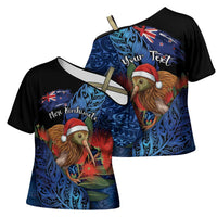 Personalised New Zealand Christmas Cross Shoulder Shirt Santa Kiwi Bird With Pohutukawa Flowers - Polynesian Pride