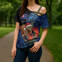 Personalised New Zealand Christmas Cross Shoulder Shirt Santa Kiwi Bird With Pohutukawa Flowers - Polynesian Pride