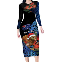 Personalised New Zealand Christmas Family Matching Long Sleeve Bodycon Dress and Hawaiian Shirt Santa Kiwi Bird With Pohutukawa Flowers - Polynesian Pride