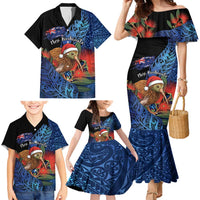 Personalised New Zealand Christmas Family Matching Mermaid Dress and Hawaiian Shirt Santa Kiwi Bird With Pohutukawa Flowers - Polynesian Pride