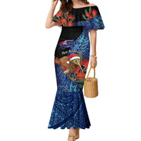 Personalised New Zealand Christmas Family Matching Mermaid Dress and Hawaiian Shirt Santa Kiwi Bird With Pohutukawa Flowers - Polynesian Pride