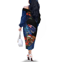 Personalised New Zealand Christmas Family Matching Off The Shoulder Long Sleeve Dress and Hawaiian Shirt Santa Kiwi Bird With Pohutukawa Flowers - Polynesian Pride