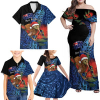 Personalised New Zealand Christmas Family Matching Off Shoulder Maxi Dress and Hawaiian Shirt Santa Kiwi Bird With Pohutukawa Flowers - Polynesian Pride