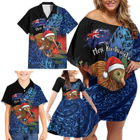 Personalised New Zealand Christmas Family Matching Off Shoulder Short Dress and Hawaiian Shirt Santa Kiwi Bird With Pohutukawa Flowers - Polynesian Pride