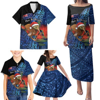 Personalised New Zealand Christmas Family Matching Puletasi and Hawaiian Shirt Santa Kiwi Bird With Pohutukawa Flowers - Polynesian Pride