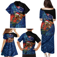 Personalised New Zealand Christmas Family Matching Puletasi and Hawaiian Shirt Santa Kiwi Bird With Pohutukawa Flowers - Polynesian Pride