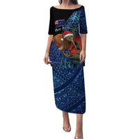 Personalised New Zealand Christmas Family Matching Puletasi and Hawaiian Shirt Santa Kiwi Bird With Pohutukawa Flowers - Polynesian Pride