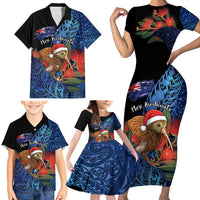 Personalised New Zealand Christmas Family Matching Short Sleeve Bodycon Dress and Hawaiian Shirt Santa Kiwi Bird With Pohutukawa Flowers - Polynesian Pride