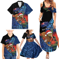 Personalised New Zealand Christmas Family Matching Summer Maxi Dress and Hawaiian Shirt Santa Kiwi Bird With Pohutukawa Flowers - Polynesian Pride