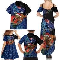 Personalised New Zealand Christmas Family Matching Summer Maxi Dress and Hawaiian Shirt Santa Kiwi Bird With Pohutukawa Flowers - Polynesian Pride