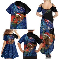 Personalised New Zealand Christmas Family Matching Summer Maxi Dress and Hawaiian Shirt Santa Kiwi Bird With Pohutukawa Flowers - Polynesian Pride