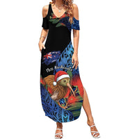 Personalised New Zealand Christmas Family Matching Summer Maxi Dress and Hawaiian Shirt Santa Kiwi Bird With Pohutukawa Flowers - Polynesian Pride