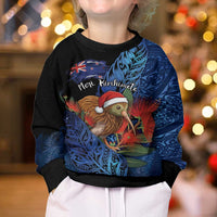 Personalised New Zealand Christmas Kid Ugly Christmas Sweater Santa Kiwi Bird With Pohutukawa Flowers - Polynesian Pride