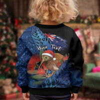 Personalised New Zealand Christmas Kid Ugly Christmas Sweater Santa Kiwi Bird With Pohutukawa Flowers - Polynesian Pride