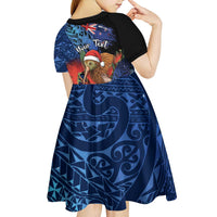 Personalised New Zealand Christmas Kid Short Sleeve Dress Santa Kiwi Bird With Pohutukawa Flowers - Polynesian Pride