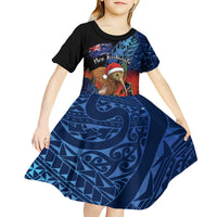 Personalised New Zealand Christmas Kid Short Sleeve Dress Santa Kiwi Bird With Pohutukawa Flowers - Polynesian Pride