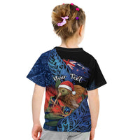 Personalised New Zealand Christmas Kid T Shirt Santa Kiwi Bird With Pohutukawa Flowers - Polynesian Pride