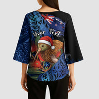 Personalised New Zealand Christmas Kimono Sleeve Blouse Santa Kiwi Bird With Pohutukawa Flowers - Polynesian Pride