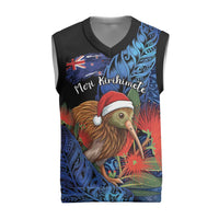 Personalised New Zealand Christmas Knitted V-Neck Vest Santa Kiwi Bird With Pohutukawa Flowers - Polynesian Pride