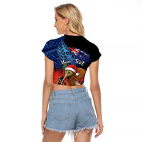 Personalised New Zealand Christmas Raglan Cropped T Shirt Santa Kiwi Bird With Pohutukawa Flowers - Polynesian Pride