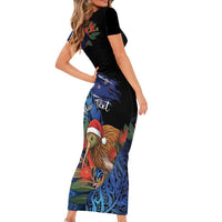 Personalised New Zealand Christmas Short Sleeve Bodycon Dress Santa Kiwi Bird With Pohutukawa Flowers - Polynesian Pride