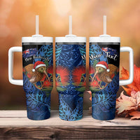 Personalised New Zealand Christmas Tumbler With Handle Santa Kiwi Bird With Pohutukawa Flowers - Polynesian Pride