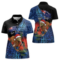 Personalised New Zealand Christmas Women Polo Shirt Santa Kiwi Bird With Pohutukawa Flowers - Polynesian Pride