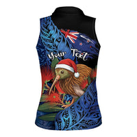 Personalised New Zealand Christmas Women Sleeveless Polo Shirt Santa Kiwi Bird With Pohutukawa Flowers - Polynesian Pride