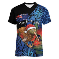 Personalised New Zealand Christmas Women V-Neck T-Shirt Santa Kiwi Bird With Pohutukawa Flowers - Polynesian Pride