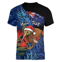 Personalised New Zealand Christmas Women V-Neck T-Shirt Santa Kiwi Bird With Pohutukawa Flowers - Polynesian Pride