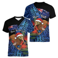 Personalised New Zealand Christmas Women V-Neck T-Shirt Santa Kiwi Bird With Pohutukawa Flowers - Polynesian Pride