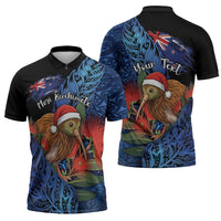 Personalised New Zealand Christmas Zipper Polo Shirt Santa Kiwi Bird With Pohutukawa Flowers - Polynesian Pride