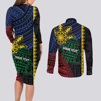 Personalised Philippines Christmas Couples Matching Long Sleeve Bodycon Dress and Long Sleeve Button Shirt Xmas Tree Filipino Tribal Patterns - Polynesian Pride