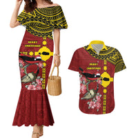 Rotuma Christmas Couples Matching Mermaid Dress and Hawaiian Shirt Rotuma Myzomela Birds With Hibiscus Flowers - Polynesian Pride