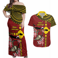 Rotuma Christmas Couples Matching Off Shoulder Maxi Dress and Hawaiian Shirt Rotuma Myzomela Birds With Hibiscus Flowers DT05 Red - Polynesian Pride