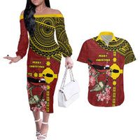 Rotuma Christmas Couples Matching Off The Shoulder Long Sleeve Dress and Hawaiian Shirt Rotuma Myzomela Birds With Hibiscus Flowers - Polynesian Pride