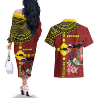 Rotuma Christmas Couples Matching Off The Shoulder Long Sleeve Dress and Hawaiian Shirt Rotuma Myzomela Birds With Hibiscus Flowers - Polynesian Pride