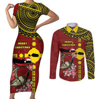 Rotuma Christmas Couples Matching Short Sleeve Bodycon Dress and Long Sleeve Button Shirt Rotuma Myzomela Birds With Hibiscus Flowers - Polynesian Pride