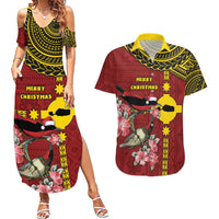 Rotuma Christmas Couples Matching Summer Maxi Dress and Hawaiian Shirt Rotuma Myzomela Birds With Hibiscus Flowers DT05 Red - Polynesian Pride