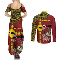 Rotuma Christmas Couples Matching Summer Maxi Dress and Long Sleeve Button Shirt Rotuma Myzomela Birds With Hibiscus Flowers - Polynesian Pride
