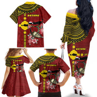 Rotuma Christmas Family Matching Off The Shoulder Long Sleeve Dress and Hawaiian Shirt Rotuma Myzomela Birds With Hibiscus Flowers - Polynesian Pride