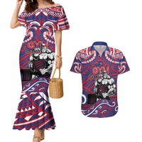 Personalised Samoa Gym Couples Matching Mermaid Dress and Hawaiian Shirt Muscle Samoan Tribal Waves DT05 Navy - Polynesian Pride