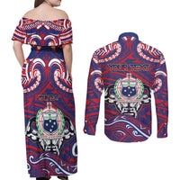 Personalised Samoa Gym Couples Matching Off Shoulder Maxi Dress and Long Sleeve Button Shirt Muscle Samoan Tribal Waves - Polynesian Pride
