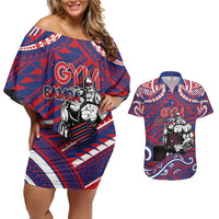 Personalised Samoa Gym Couples Matching Off Shoulder Short Dress and Hawaiian Shirt Muscle Samoan Tribal Waves DT05 Navy - Polynesian Pride