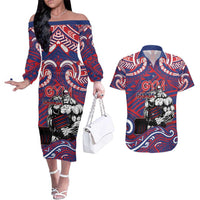 Personalised Samoa Gym Couples Matching Off The Shoulder Long Sleeve Dress and Hawaiian Shirt Muscle Samoan Tribal Waves - Polynesian Pride