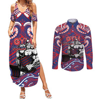 Personalised Samoa Gym Couples Matching Summer Maxi Dress and Long Sleeve Button Shirt Muscle Samoan Tribal Waves - Polynesian Pride