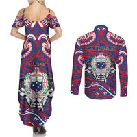 Personalised Samoa Gym Couples Matching Summer Maxi Dress and Long Sleeve Button Shirt Muscle Samoan Tribal Waves - Polynesian Pride