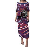 Personalised Samoa Gym Puletasi Muscle Samoan Tribal Waves DT05 Long Dress Navy - Polynesian Pride