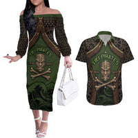 Personalised Hawaii Tiki Pirates Couples Matching Off The Shoulder Long Sleeve Dress and Hawaiian Shirt Kakau Pattern Polynesian Style